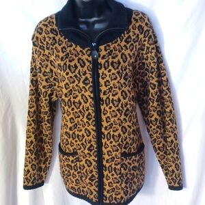 Tally-Ho LEOPARD ACRYLIC ZIP CARDIGAN SWEATER SZ M